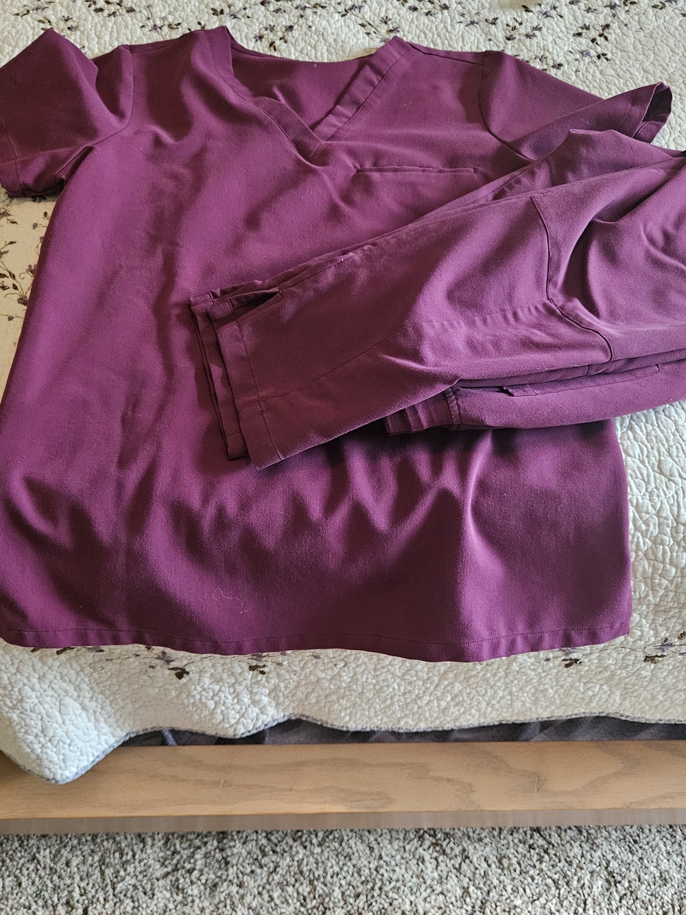 Women's V-Neck Scrub Top and Pants Set in Deep Berry